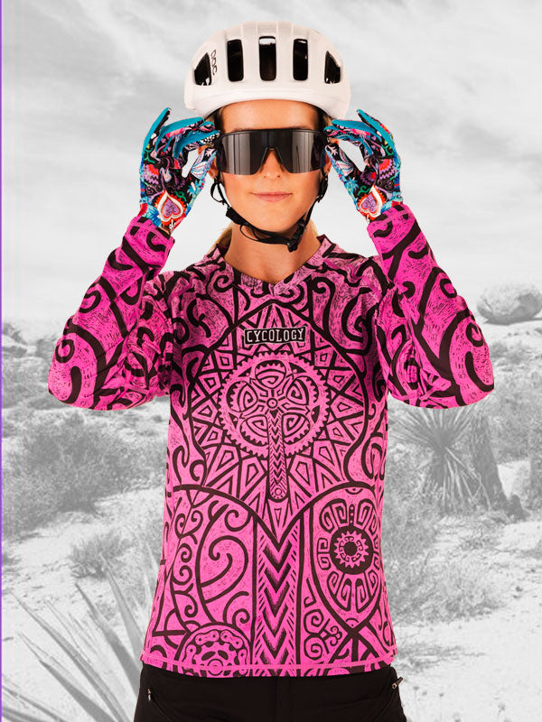 Zanzibar Pink Womens Long Sleeve MTB Jersey  on model front view | Cycology AUS