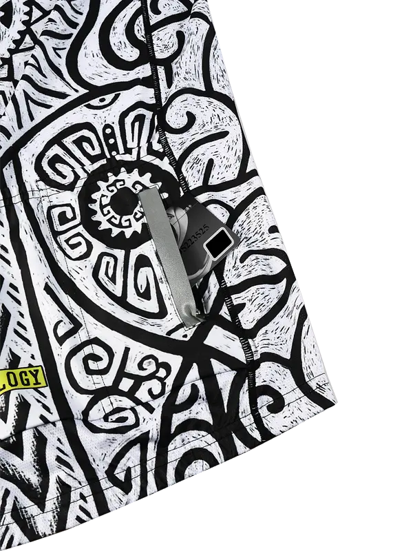 Close-up of  Zanzibar Men's White Long Sleeve Summer Cycling Jersey with black and white geometric pattern and Zip pocket 