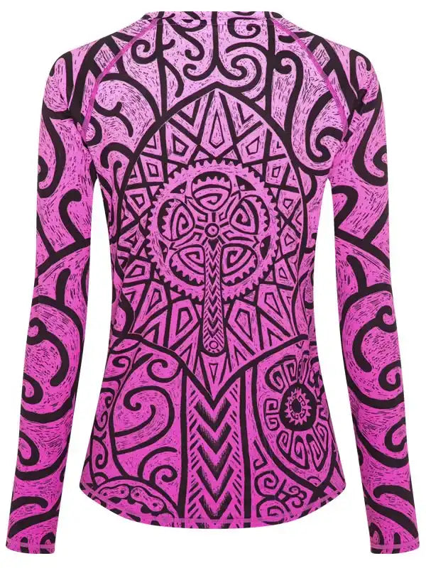 Women's pink long sleeve cycling jersey with black tribal gear pattern, ideal for road or mountain biking.