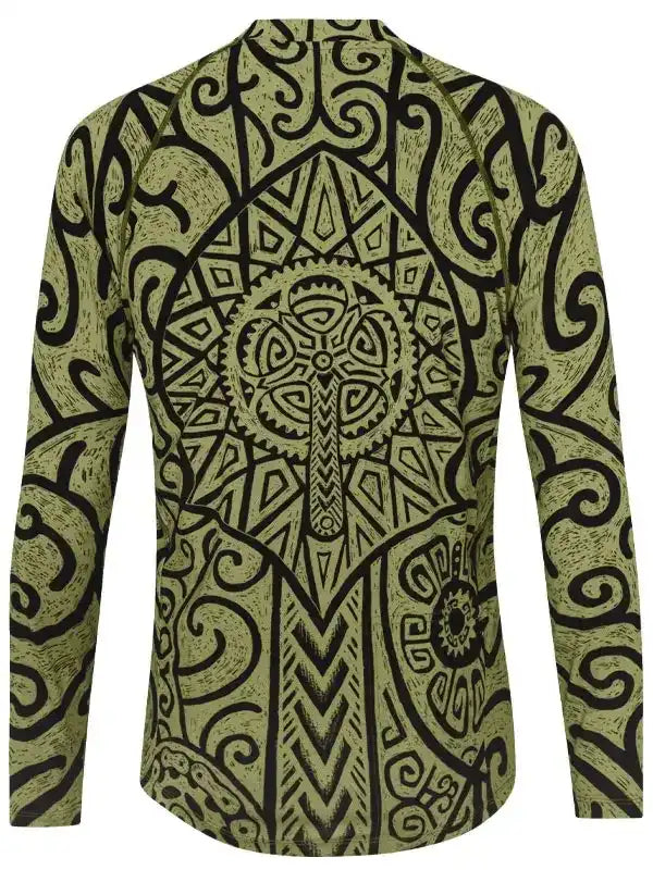 Men's long sleeve cycling jersey with bold black tribal and gear pattern on olive green, unique design