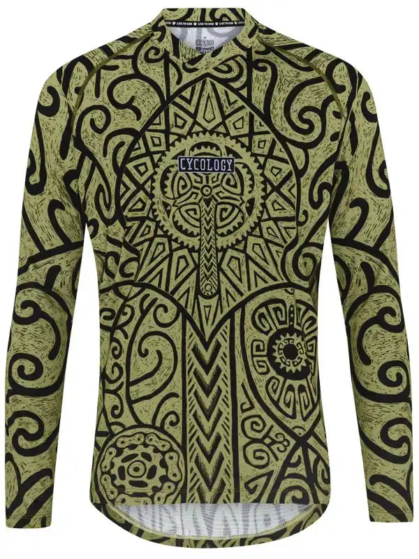 Men's long sleeve cycling jersey with bold tribal pattern and black accents, designed for comfort and style on rides.