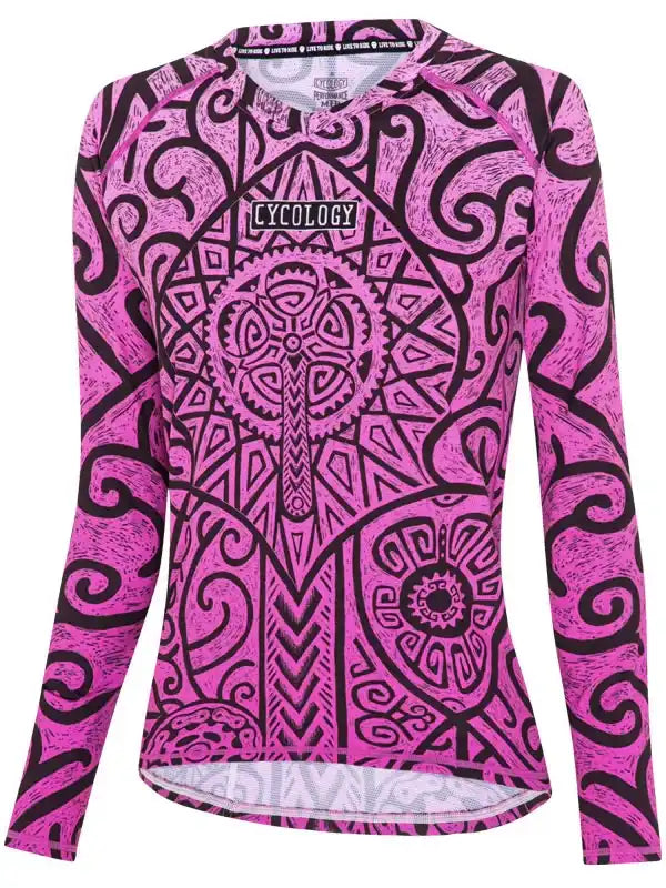 Vibrant pink women's cycling jersey with bold black tribal patterns and 'CYCOLOGY' chest logo