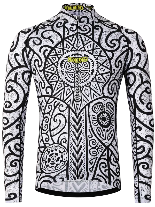 Zanzibar Men's Long Sleeve Summer Cycling Jersey featuring a geometric pattern in black and white.