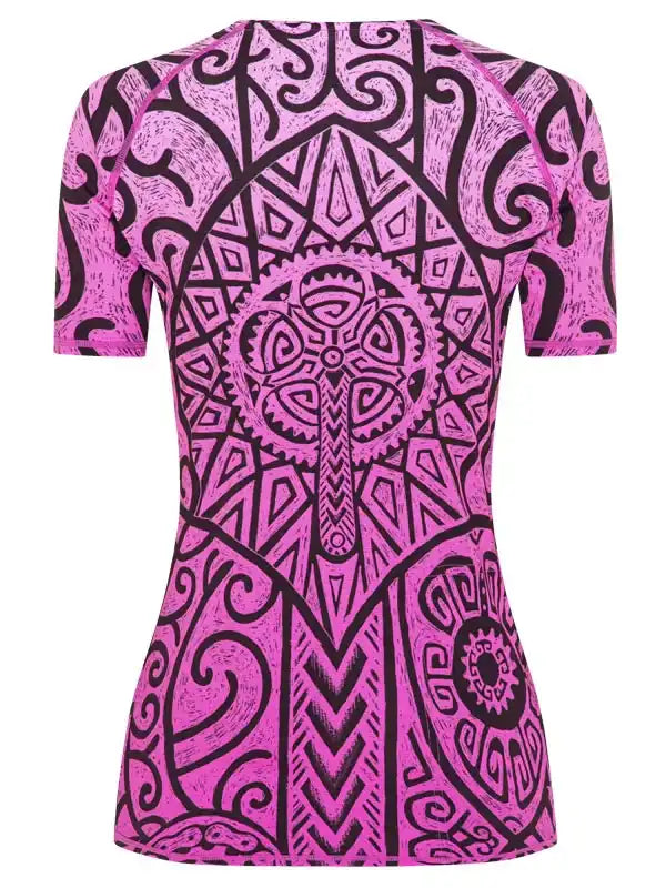 Women's pink cycling jersey with black tribal and gear pattern, short sleeve, performance fabric