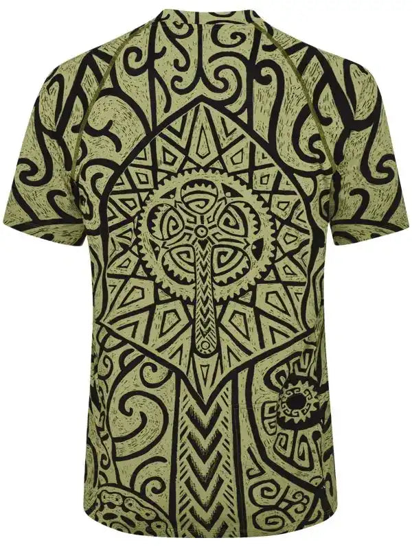 Men's cycling jersey with bold black tribal and gear pattern on olive green, unique design for bike rides