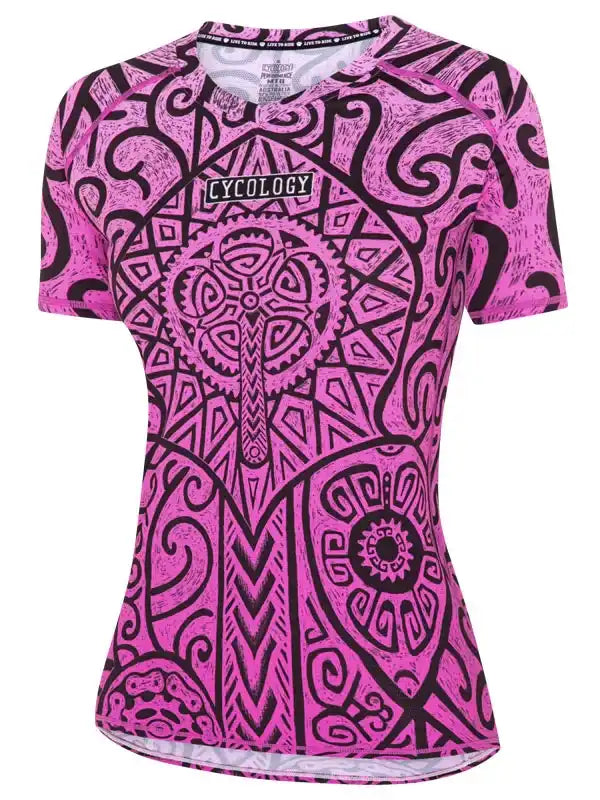 Pink women's cycling jersey with black tribal patterns and 'CYCOLOGY' logo, designed for performance and style.