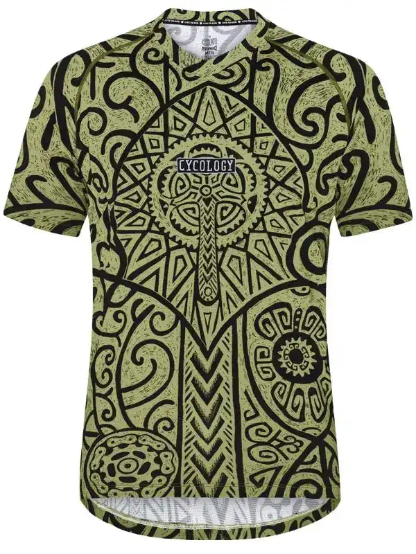 Men's cycling jersey with intricate green and black tribal pattern, featuring 'CYCOLOGY' logo on chest