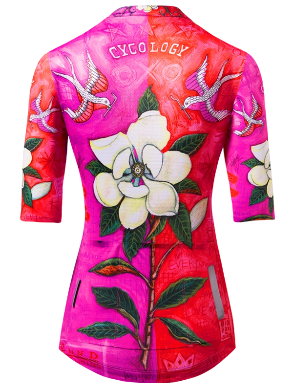 Colorful cycling jersey with floral and bird designs
