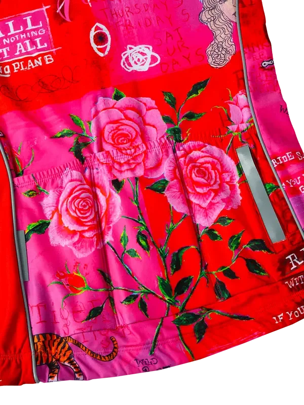 Vibrant red cycling jersey with pink roses, tiger print, and reflective stripes for women's bike wear