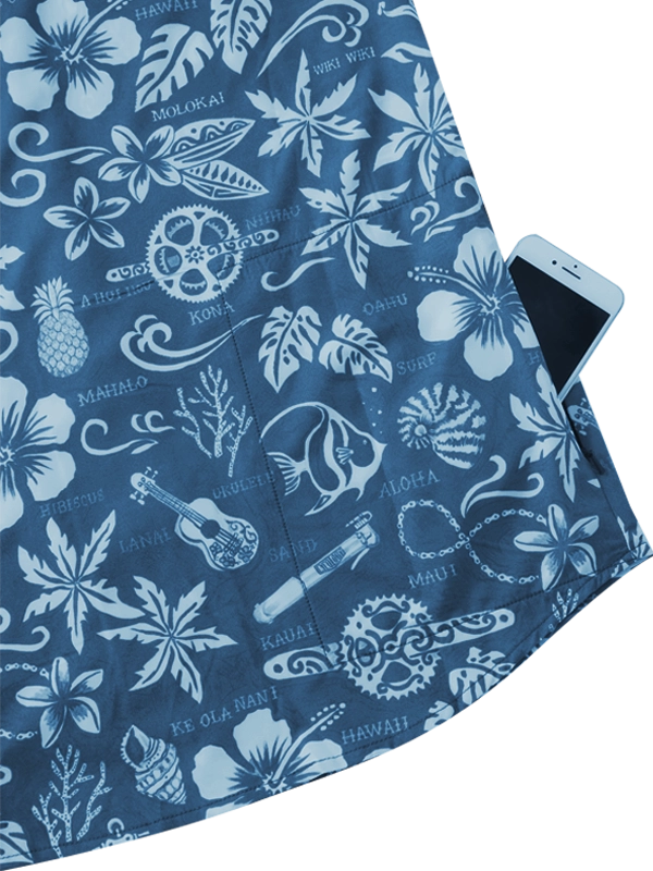 Blue Gravel Shirt with white Hawaiian-themed patterns, including flowers and symbols, with a side zip pocket 