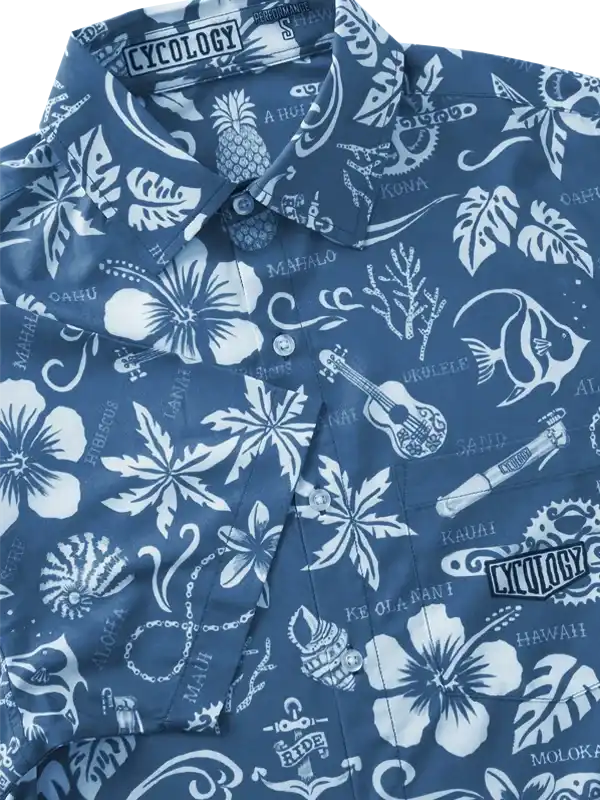 Blue Hawaiian-style cycling shirt with tropical print, hibiscus, ukulele, and island motifs for men and women.