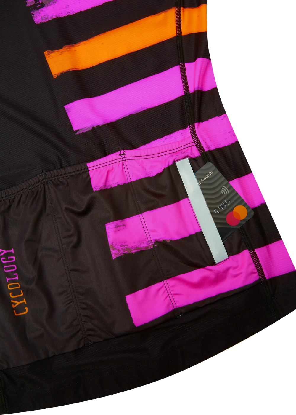 Black cycling jersey with bold pink and orange brushstroke design, featuring rear storage pockets for essentials.
