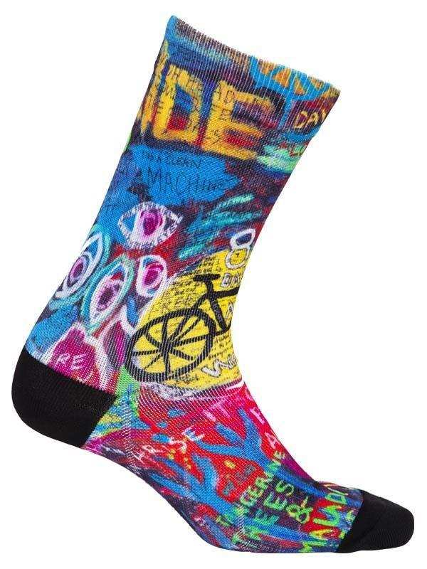 Colorful cycling sock with bike graphic and bold text, perfect for road or mountain biking enthusiasts.
