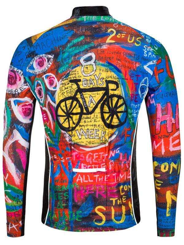 Colorful long-sleeve cycling jersey with graffiti-style art, bike graphic, and bold text design for men or women.