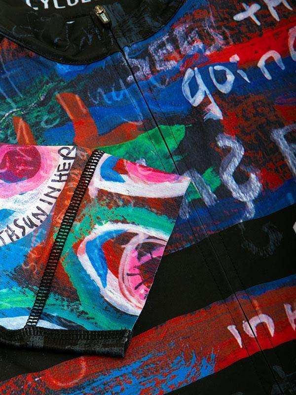 Vibrant abstract print cycling jersey with bold colors and artistic graphics, ideal for men's and women's rides.