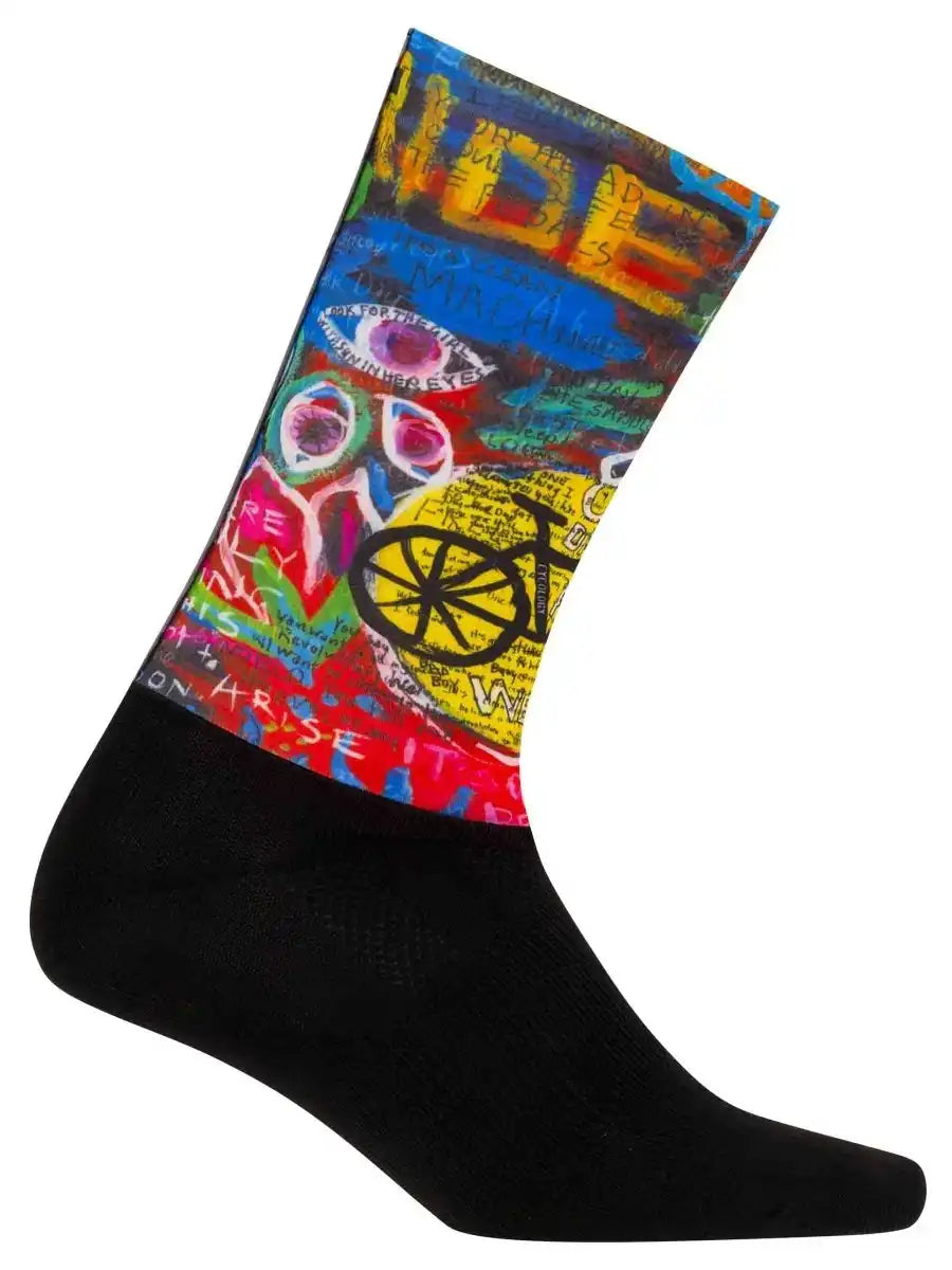 Colorful cycling sock with graffiti art, bike wheel design, and bold text for men's and women's bike rides