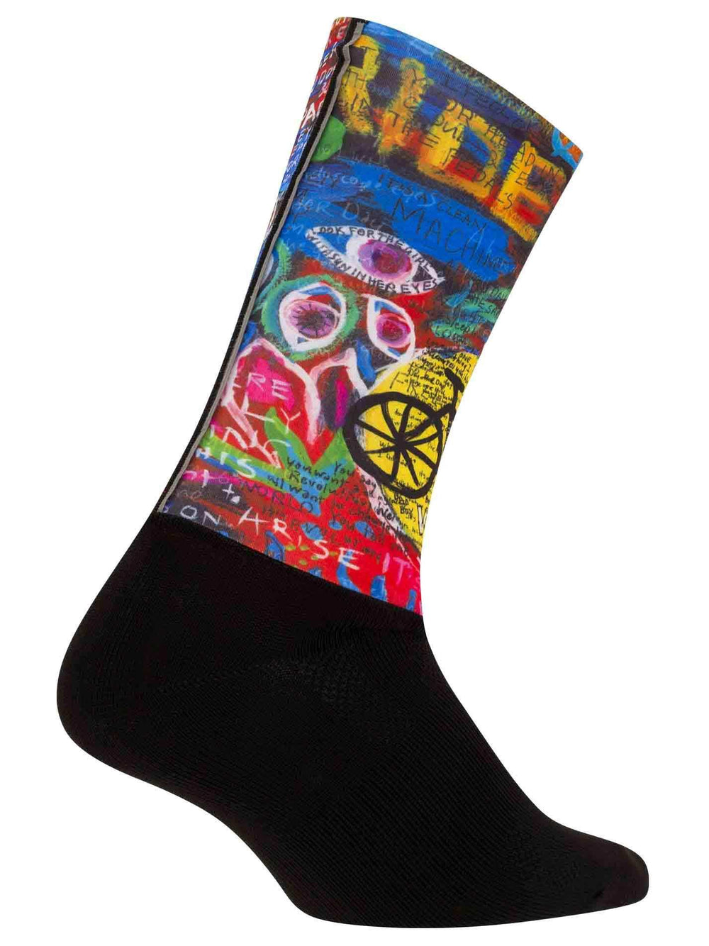 Colorful cycling sock with vibrant graffiti art, bicycle wheel design, and bold text on black base