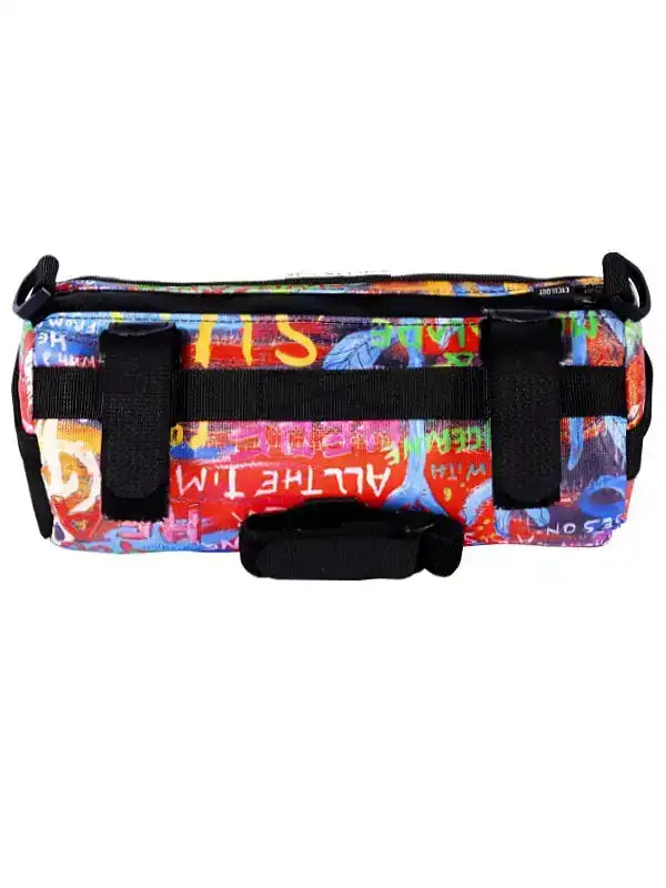 Colorful graffiti-style cycling frame bag with black straps and zip closure, perfect for bike rides.