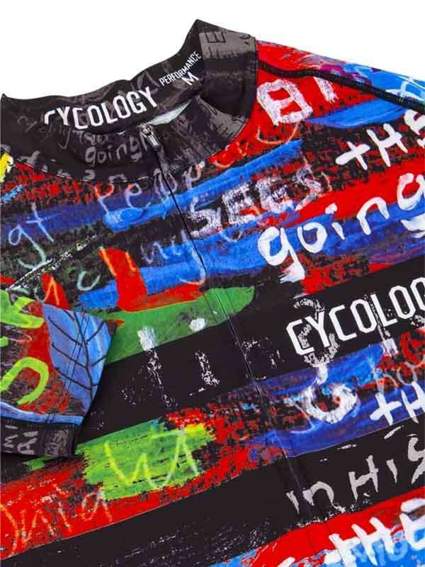 Colorful graffiti-style men's cycling jersey with bold text design, performance fabric, short sleeves