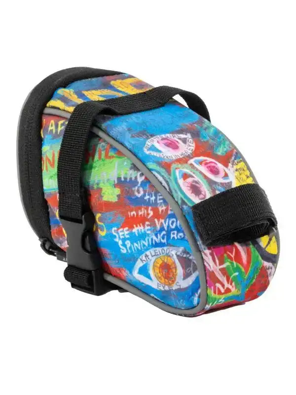 Colorful graffiti-style bike saddle bag with eye designs and text, ideal for cycling gear storage.
