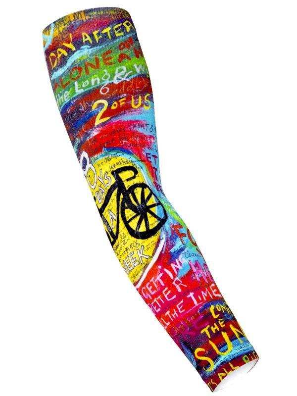 Colorful cycling arm sleeve with bold text and bike graphic, perfect for men's or women's ride gear