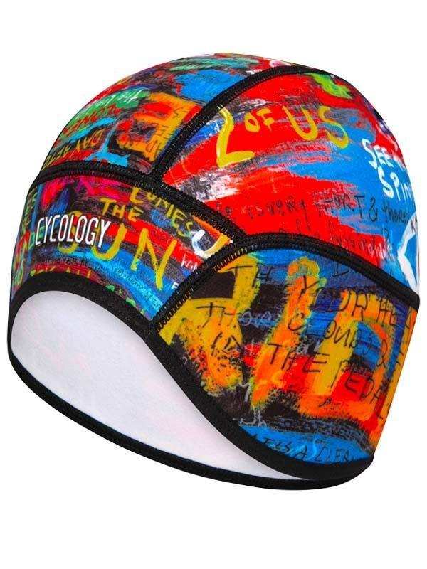 Colorful graffiti-style cycling skull cap with bold text design for men and women
