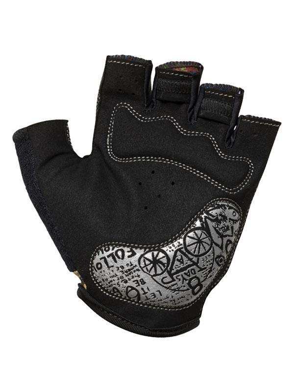 Black fingerless cycling glove with silver bike graphic and text design, breathable fabric