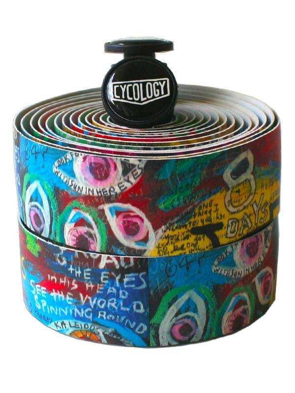 Cycology branded colorful cycling handlebar tape with artistic eye and text designs