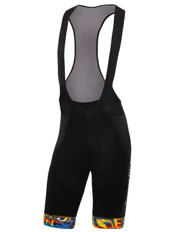 Black women's cycling bib shorts with colorful leg cuffs and padded back panel for comfort