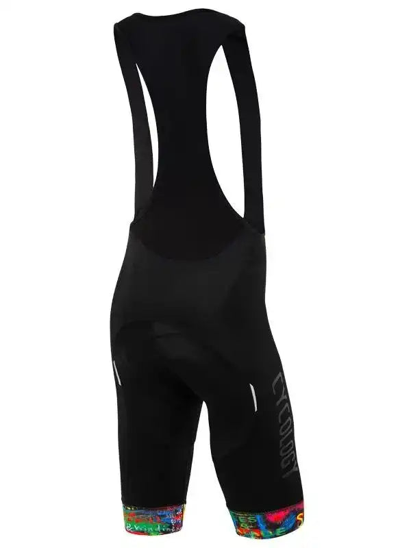 Black women's cycling bib shorts with colorful hem and ergonomic design for comfort and performance