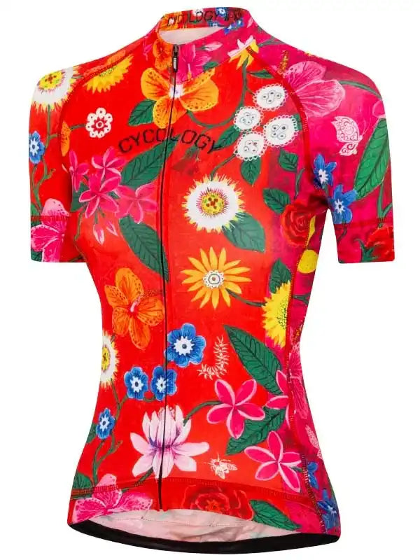 Women's vibrant floral cycling jersey with full zip, perfect for road bike rides and summer cycling adventures.
