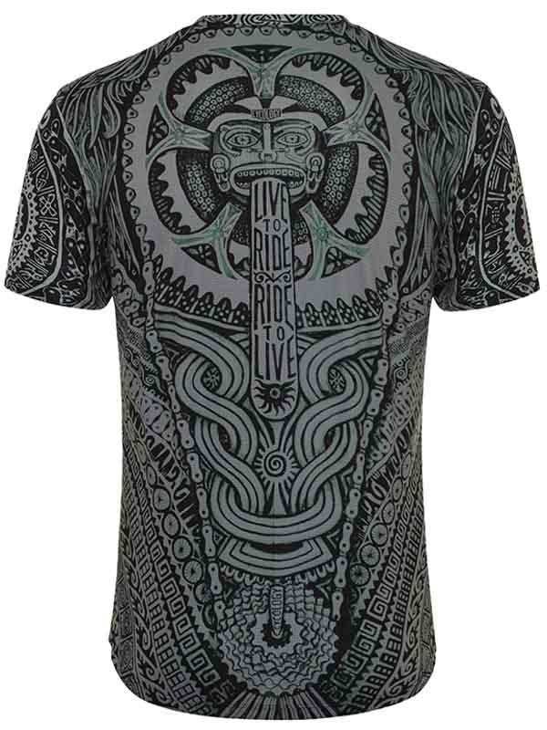Men's cycling jersey with bold tribal graphic and 'Live to Ride' slogan, ideal for mountain biking adventures.