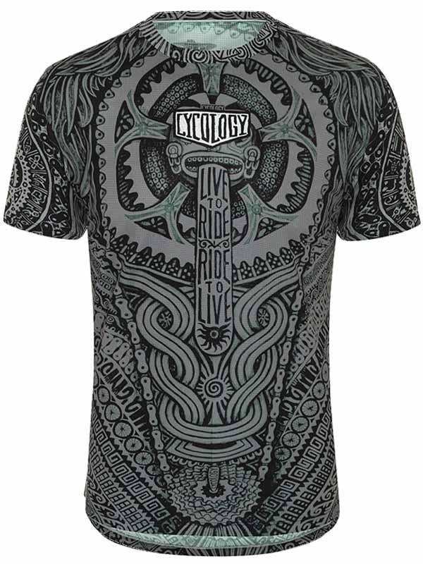 Men's cycling jersey with intricate black and teal graphic design, featuring 'Live to Ride' slogan and gear motifs.