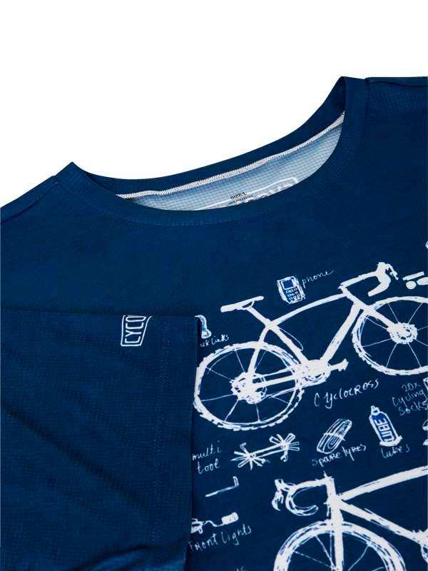 Navy blue cycling jersey with white bike sketch print and gear labels, ideal for men's or women's rides