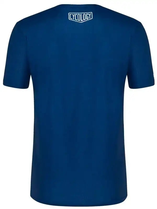 Blue men's cycling jersey with white Cycology logo on back, breathable fabric design