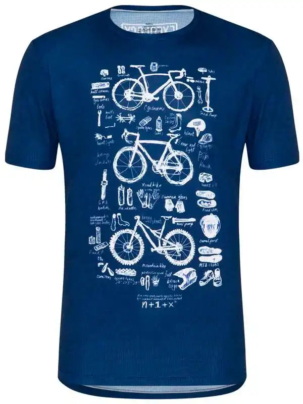 Blue cycling jersey with white bike parts diagram, ideal for men's and women's cycling apparel