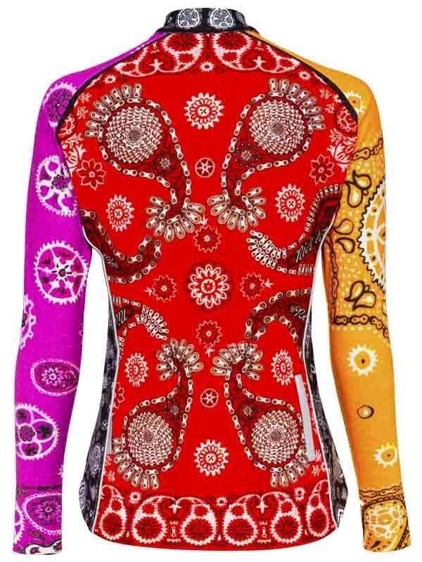 Women's long sleeve cycling jersey with vibrant red, purple, and yellow bandana print design