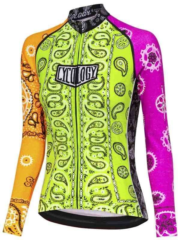 Women's long sleeve cycling jersey with vibrant paisley print in neon green, orange, and pink