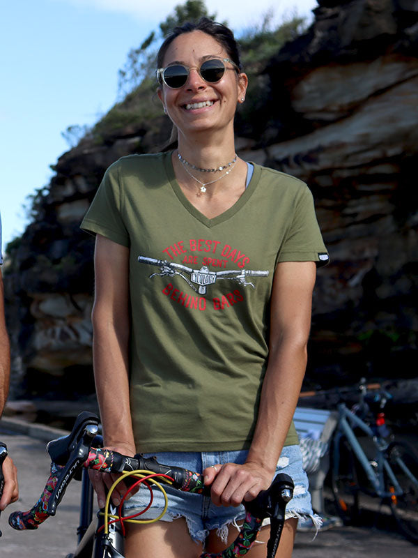 Best Days Behind Bars MTB Tee in Khaki on Model | Cycology AUS