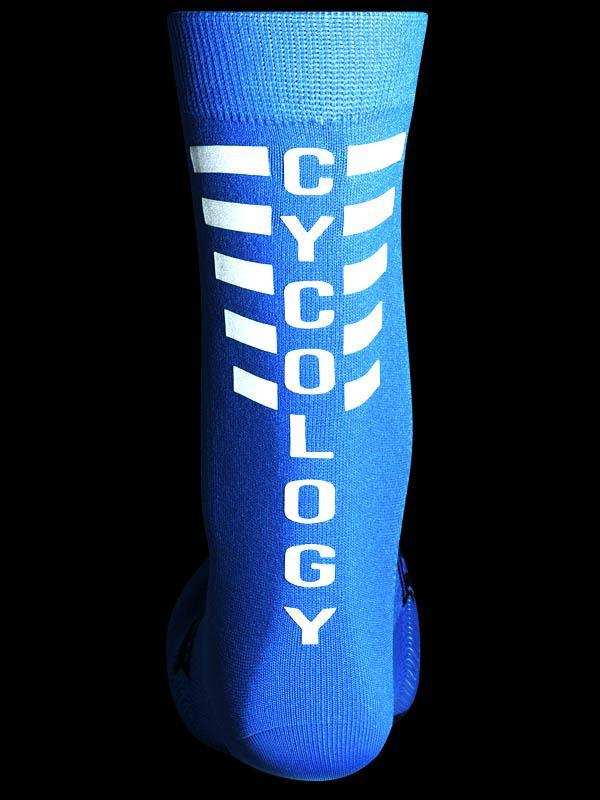 Blue cycling sock with white 'CYCOLOGY' text and stripe design, ideal for men's and women's bike rides