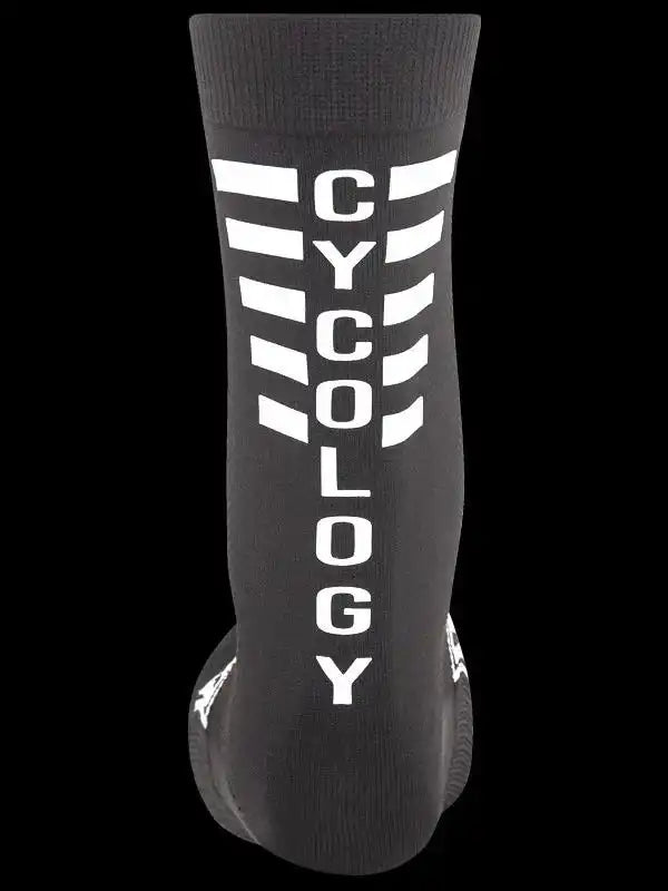 Black cycling sock with bold white CYCOLOGY lettering and stripe design, ideal for men's and women's bike rides.