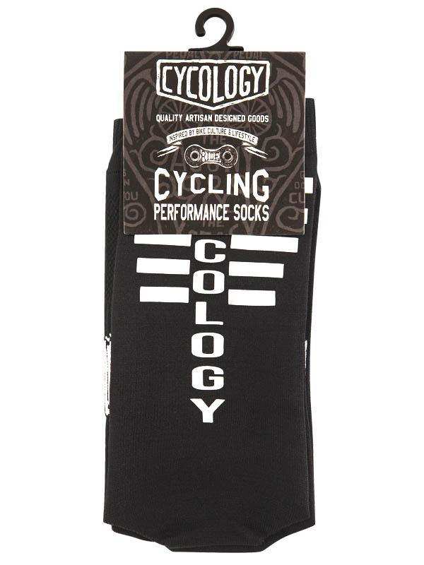 Black cycling performance socks with bold white 'CYCOLOGY' lettering, designed for bike culture and comfort.