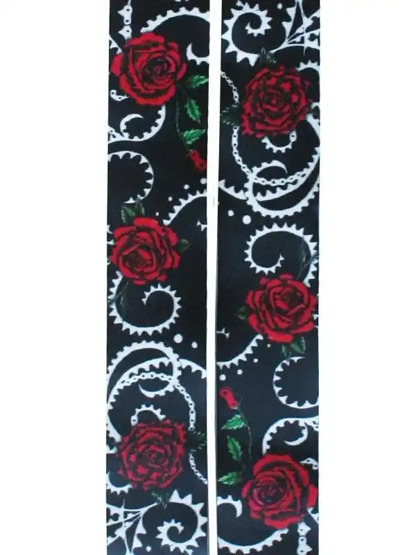 Black cycling jersey with red roses and white gear patterns, unique design for men and women