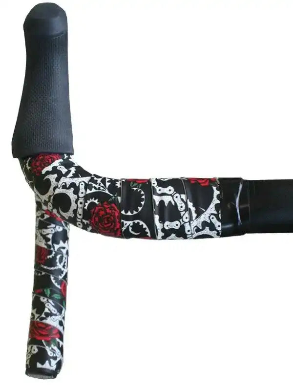 Cycling handlebar tape with red rose and chain link pattern, black grip ends