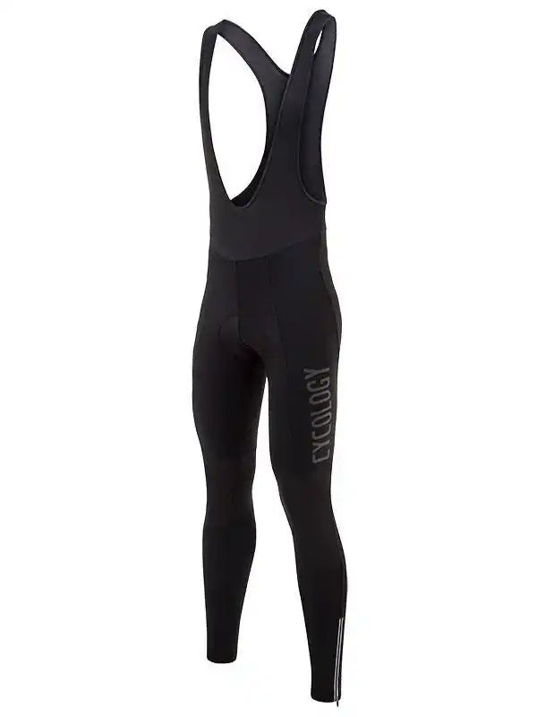 Black men's cycling bib tights with padded seat and 'CYCOLOGY' leg print, designed for comfort and performance.