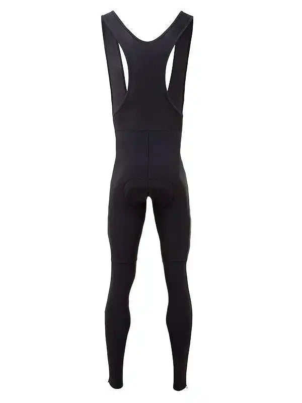 Black men's cycling bib tights with padded seat, designed for comfort and performance on rides.
