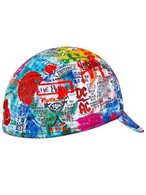 Colorful rock band print cycling cap with vibrant graffiti-style graphics for men and women