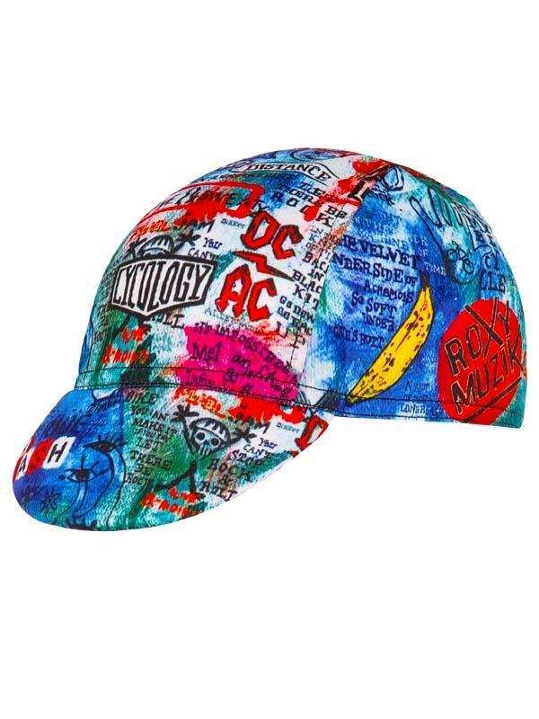 Colorful cycling cap with graffiti-style print, bold text, and banana graphic for men's and women's bike rides.
