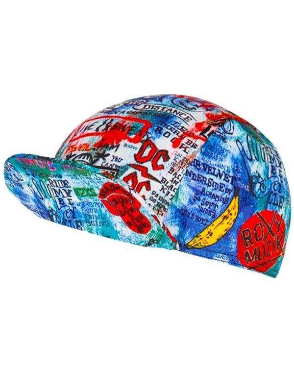 Colorful cycling cap with music band graphics and bold text print for men and women riders