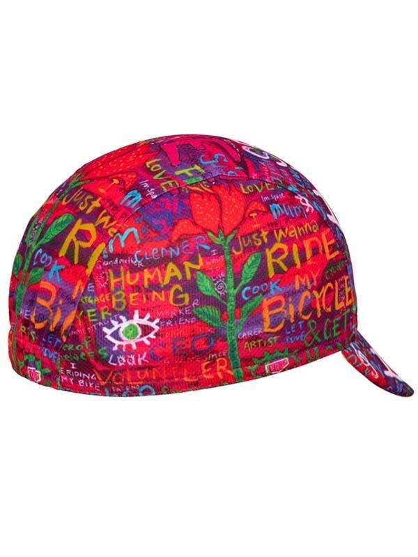 Colorful cycling cap with vibrant graffiti-style text and graphics, perfect for bike rides and outdoor adventures.